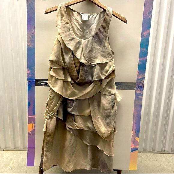 Tony Cohen 100% Silk Cream/Taupe Ruffled/Layered Mini Dress - Picture 1 of 7